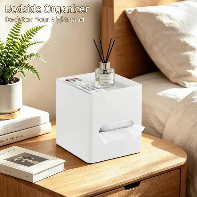 Alt view image 7 of 7 - PU Leather Square Tissue Box Cover with Storage Tray,Modern Decorative Tissue Holder for Bathroom Vanity Night Stands, Office Desk,Stylish Tissue Holder for Home & Office Décor