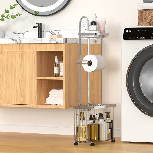 Alt view image 4 of 7 - Freestanding Toilet Paper Holder Toilet Tissue Rack Scroll Stand Roll Dispenser with Storage Shelf Reserve for Phone Tablet Magazine Bathroom Organizer Bath Tissue Organizer (Silver)