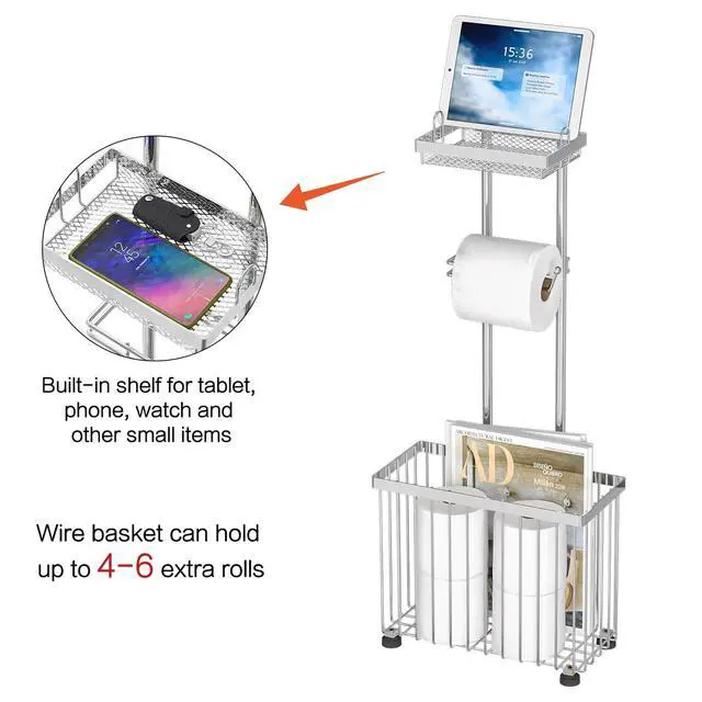 Alt view image 5 of 7 - Freestanding Toilet Paper Holder Toilet Tissue Rack Scroll Stand Roll Dispenser with Storage Shelf Reserve for Phone Tablet Magazine Bathroom Organizer Bath Tissue Organizer (Silver)