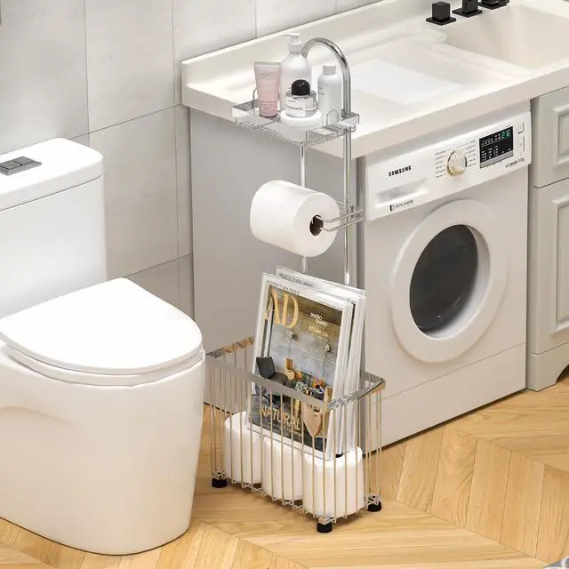 Alt view image 2 of 7 - Freestanding Toilet Paper Holder Toilet Tissue Rack Scroll Stand Roll Dispenser with Storage Shelf Reserve for Phone Tablet Magazine Bathroom Organizer Bath Tissue Organizer (Silver)