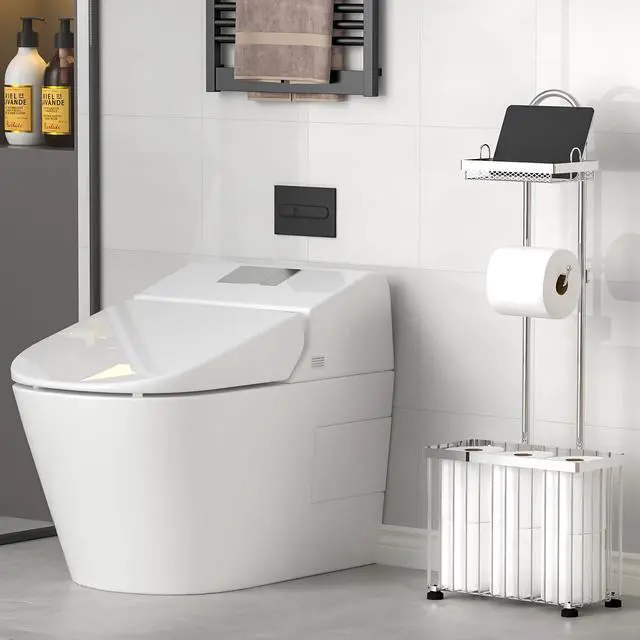 Alt view image 3 of 7 - Freestanding Toilet Paper Holder Toilet Tissue Rack Scroll Stand Roll Dispenser with Storage Shelf Reserve for Phone Tablet Magazine Bathroom Organizer Bath Tissue Organizer (Silver)