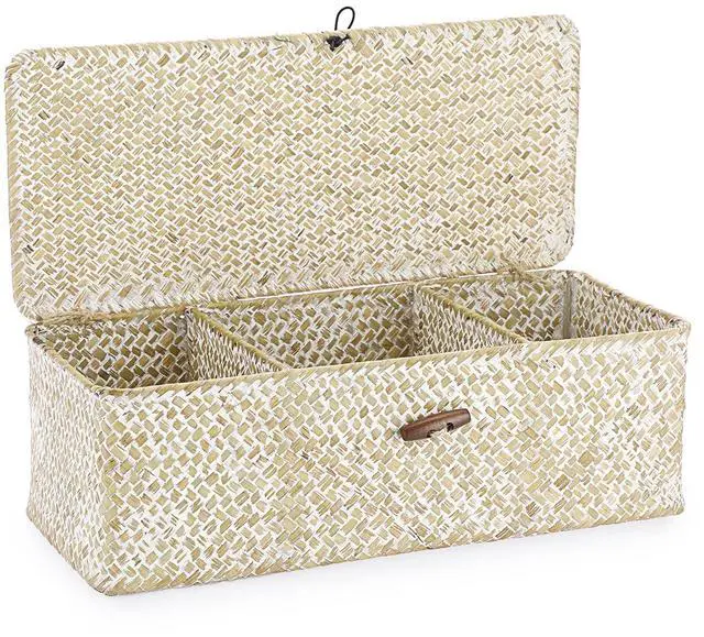 Main image of Seagrass Storage Basket Bin 3 Sections Hand-Woven Wicker Baskets with Lid Bathroom Basket Toilet Tank Baskets Holder for Organize Snack Tissue, Whitewash