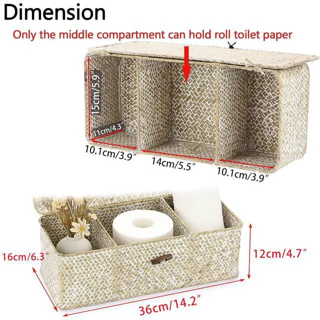 Alt view image 2 of 7 - Seagrass Storage Basket Bin 3 Sections Hand-Woven Wicker Baskets with Lid Bathroom Basket Toilet Tank Baskets Holder for Organize Snack Tissue, Whitewash
