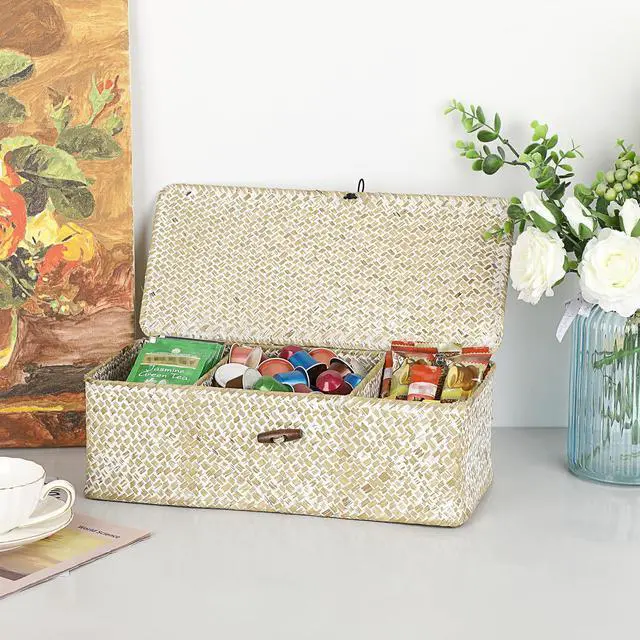 Alt view image 3 of 7 - Seagrass Storage Basket Bin 3 Sections Hand-Woven Wicker Baskets with Lid Bathroom Basket Toilet Tank Baskets Holder for Organize Snack Tissue, Whitewash