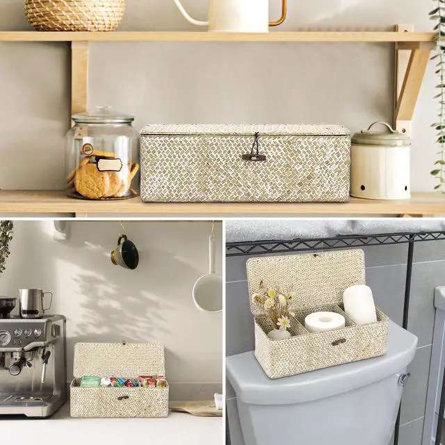 Alt view image 4 of 7 - Seagrass Storage Basket Bin 3 Sections Hand-Woven Wicker Baskets with Lid Bathroom Basket Toilet Tank Baskets Holder for Organize Snack Tissue, Whitewash