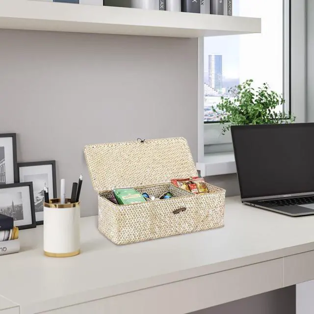 Alt view image 6 of 7 - Seagrass Storage Basket Bin 3 Sections Hand-Woven Wicker Baskets with Lid Bathroom Basket Toilet Tank Baskets Holder for Organize Snack Tissue, Whitewash