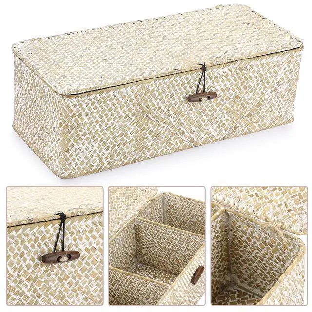 Alt view image 5 of 7 - Seagrass Storage Basket Bin 3 Sections Hand-Woven Wicker Baskets with Lid Bathroom Basket Toilet Tank Baskets Holder for Organize Snack Tissue, Whitewash