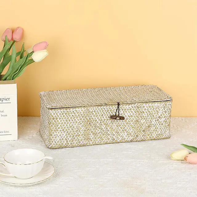Alt view image 7 of 7 - Seagrass Storage Basket Bin 3 Sections Hand-Woven Wicker Baskets with Lid Bathroom Basket Toilet Tank Baskets Holder for Organize Snack Tissue, Whitewash