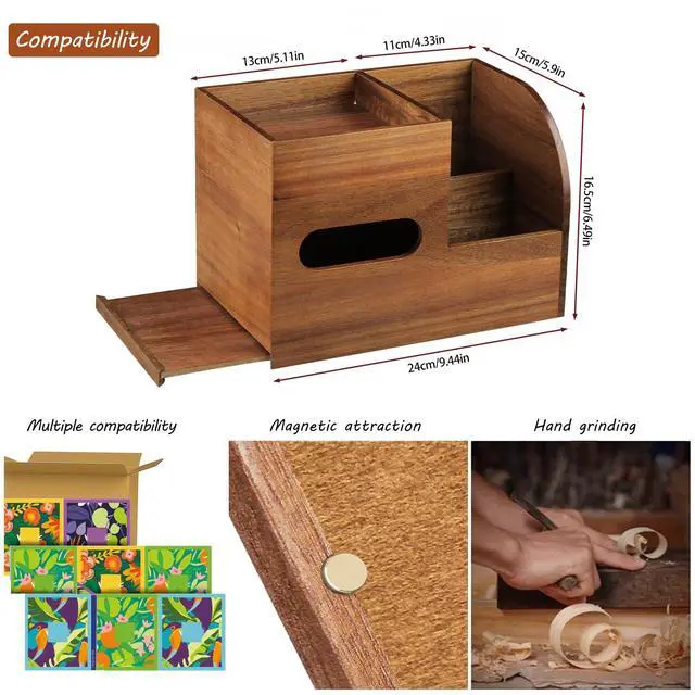 Alt view image 3 of 7 - Wood Tissue Box Cover Square with Tray and Remote Holder, Multifunctional Tissues Cube Box Organizer/Shelf/Rack, Napkin Storage Box for Bathroom, Vanity, Nightstand, Office, Home Decor