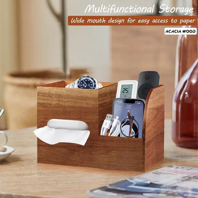 Alt view image 2 of 7 - Wood Tissue Box Cover Square with Tray and Remote Holder, Multifunctional Tissues Cube Box Organizer/Shelf/Rack, Napkin Storage Box for Bathroom, Vanity, Nightstand, Office, Home Decor