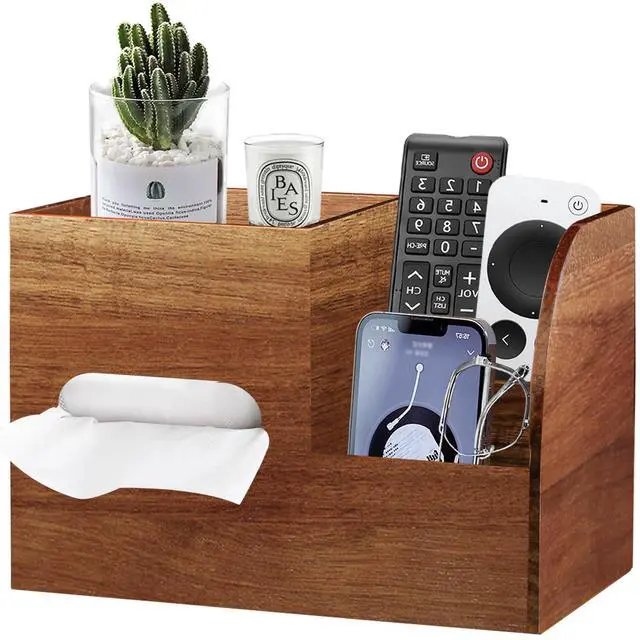 Main image of Wood Tissue Box Cover Square with Tray and Remote Holder, Multifunctional Tissues Cube Box Organizer/Shelf/Rack, Napkin Storage Box for Bathroom, Vanity, Nightstand, Office, Home Decor