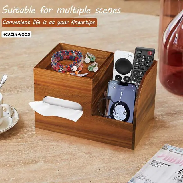 Alt view image 5 of 7 - Wood Tissue Box Cover Square with Tray and Remote Holder, Multifunctional Tissues Cube Box Organizer/Shelf/Rack, Napkin Storage Box for Bathroom, Vanity, Nightstand, Office, Home Decor