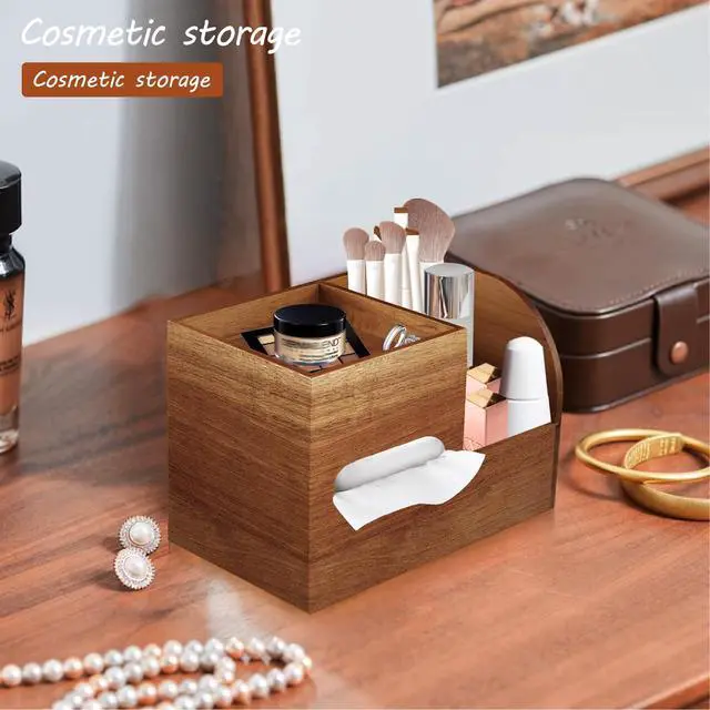 Alt view image 4 of 7 - Wood Tissue Box Cover Square with Tray and Remote Holder, Multifunctional Tissues Cube Box Organizer/Shelf/Rack, Napkin Storage Box for Bathroom, Vanity, Nightstand, Office, Home Decor
