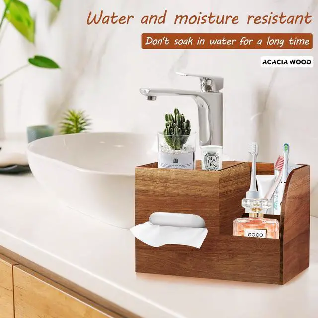 Alt view image 7 of 7 - Wood Tissue Box Cover Square with Tray and Remote Holder, Multifunctional Tissues Cube Box Organizer/Shelf/Rack, Napkin Storage Box for Bathroom, Vanity, Nightstand, Office, Home Decor