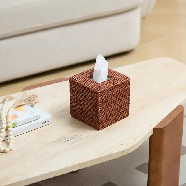 Alt view image 2 of 7 - Square Rattan Tissue Box Cover, Hand Woven Wicker Tissue Holder, 5.5 x 5.5 X 5.7 inches, Honey Brown