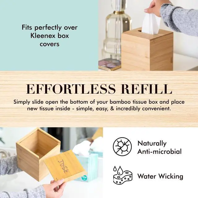 Alt view image 3 of 7 - Design Tissue Box Holder - Modern, Minimalist, Durable Wooden Bamboo Box with Sliding Bottom, Easy-Refill - Premium-Quality Bamboo Cover, Square