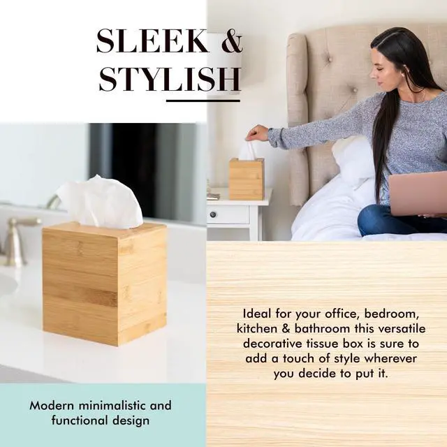 Alt view image 4 of 7 - Design Tissue Box Holder - Modern, Minimalist, Durable Wooden Bamboo Box with Sliding Bottom, Easy-Refill - Premium-Quality Bamboo Cover, Square
