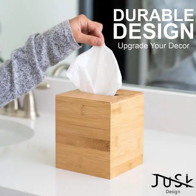 Alt view image 7 of 7 - Design Tissue Box Holder - Modern, Minimalist, Durable Wooden Bamboo Box with Sliding Bottom, Easy-Refill - Premium-Quality Bamboo Cover, Square