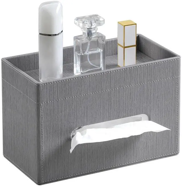 Main image of Plus Size Tissue Box Cover Rectangle, PU Leather Tissue Box Holder with Storage Tray, Decorative Organizer Tissue Holder for Bathroom, Bedroom Dresser, Night Stand, Office (Grey)
