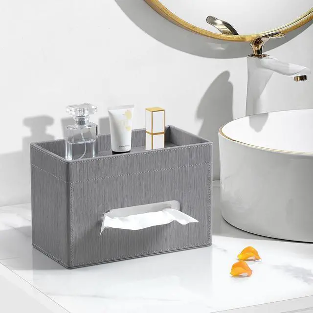 Alt view image 2 of 7 - Plus Size Tissue Box Cover Rectangle, PU Leather Tissue Box Holder with Storage Tray, Decorative Organizer Tissue Holder for Bathroom, Bedroom Dresser, Night Stand, Office (Grey)