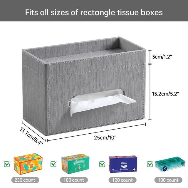 Alt view image 5 of 7 - Plus Size Tissue Box Cover Rectangle, PU Leather Tissue Box Holder with Storage Tray, Decorative Organizer Tissue Holder for Bathroom, Bedroom Dresser, Night Stand, Office (Grey)