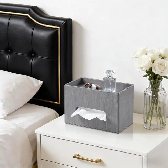 Alt view image 3 of 7 - Plus Size Tissue Box Cover Rectangle, PU Leather Tissue Box Holder with Storage Tray, Decorative Organizer Tissue Holder for Bathroom, Bedroom Dresser, Night Stand, Office (Grey)