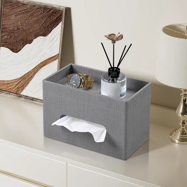 Alt view image 6 of 7 - Plus Size Tissue Box Cover Rectangle, PU Leather Tissue Box Holder with Storage Tray, Decorative Organizer Tissue Holder for Bathroom, Bedroom Dresser, Night Stand, Office (Grey)