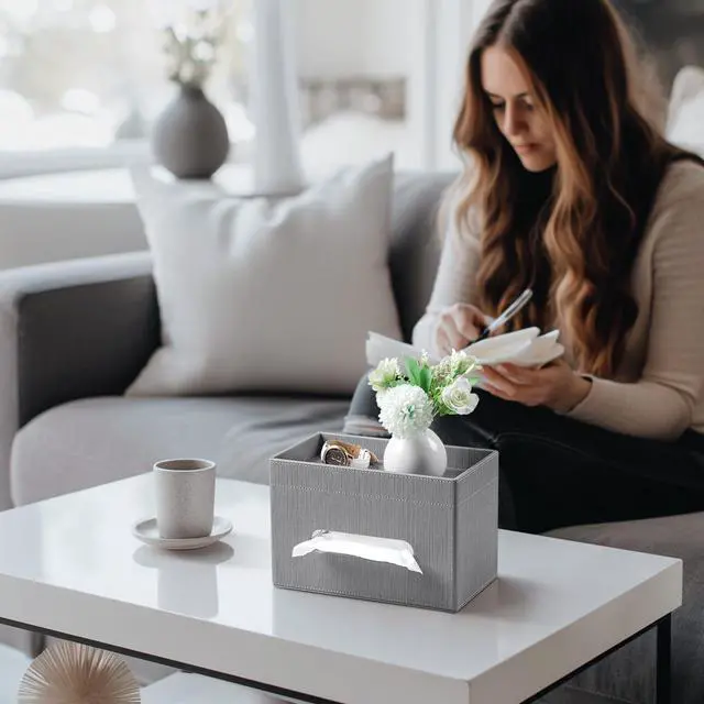 Alt view image 7 of 7 - Plus Size Tissue Box Cover Rectangle, PU Leather Tissue Box Holder with Storage Tray, Decorative Organizer Tissue Holder for Bathroom, Bedroom Dresser, Night Stand, Office (Grey)