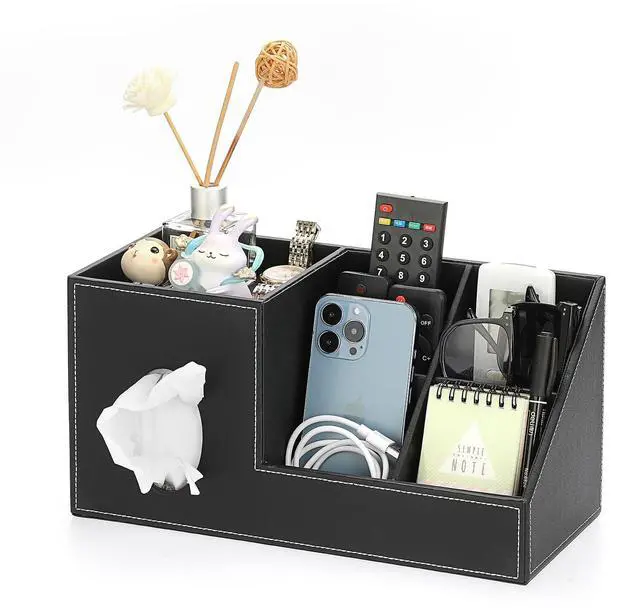 Main image of Tissue Box Cover, Square PU Tissue Box Organizer, Leather Tissue Covers with Storage, Stylish Tissue Holders for Bahtroom Living Room Kitchen Dining Table Desk Office, Black