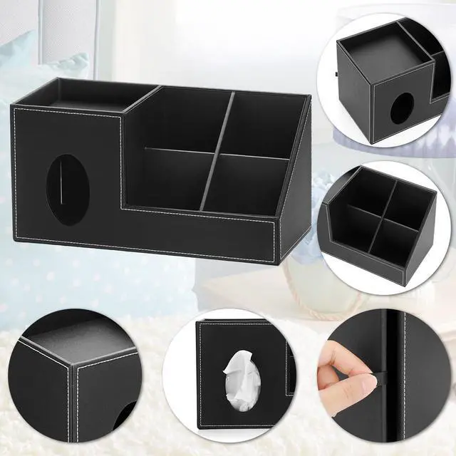 Alt view image 4 of 7 - Tissue Box Cover, Square PU Tissue Box Organizer, Leather Tissue Covers with Storage, Stylish Tissue Holders for Bahtroom Living Room Kitchen Dining Table Desk Office, Black