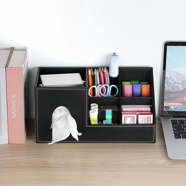 Alt view image 5 of 7 - Tissue Box Cover, Square PU Tissue Box Organizer, Leather Tissue Covers with Storage, Stylish Tissue Holders for Bahtroom Living Room Kitchen Dining Table Desk Office, Black