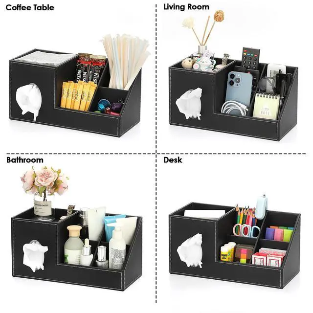 Alt view image 7 of 7 - Tissue Box Cover, Square PU Tissue Box Organizer, Leather Tissue Covers with Storage, Stylish Tissue Holders for Bahtroom Living Room Kitchen Dining Table Desk Office, Black