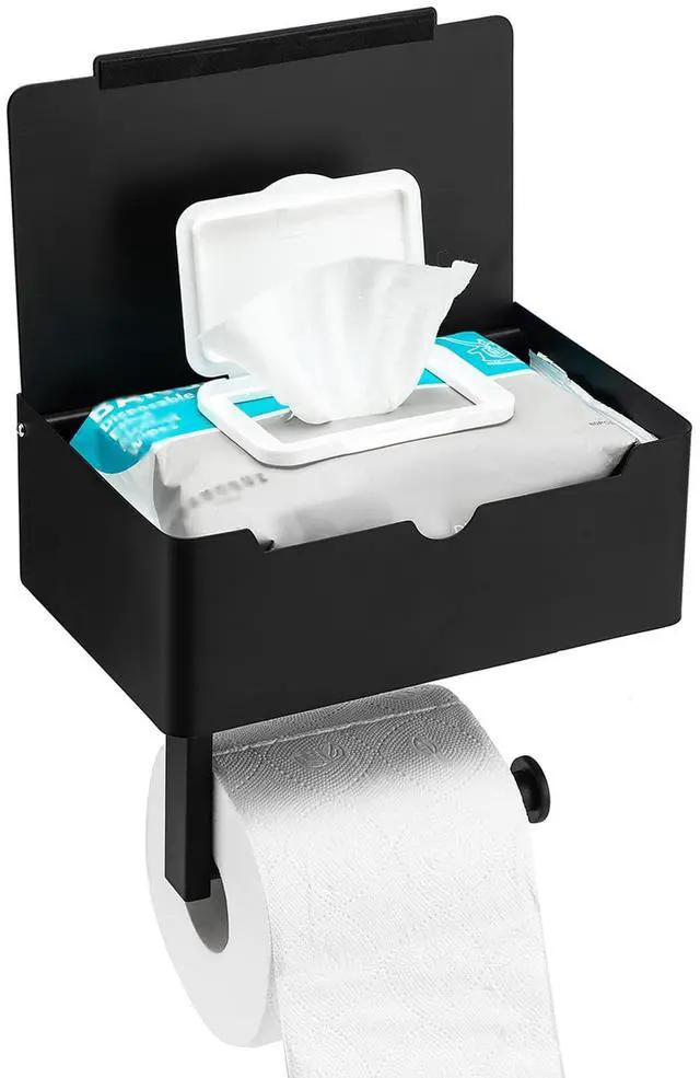 Main image of Matte Black Toilet Paper Holder Tissue Roll Hanger with Shelf Flushable Wipes Dispenser Storage Box Large Stainless Steel Bathroom Lavatory Hardware Wall Mount Adhesive