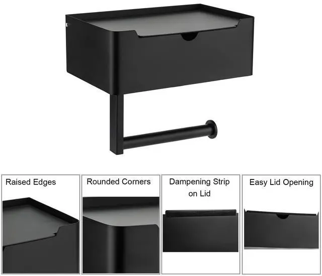 Alt view image 3 of 7 - Matte Black Toilet Paper Holder Tissue Roll Hanger with Shelf Flushable Wipes Dispenser Storage Box Large Stainless Steel Bathroom Lavatory Hardware Wall Mount Adhesive