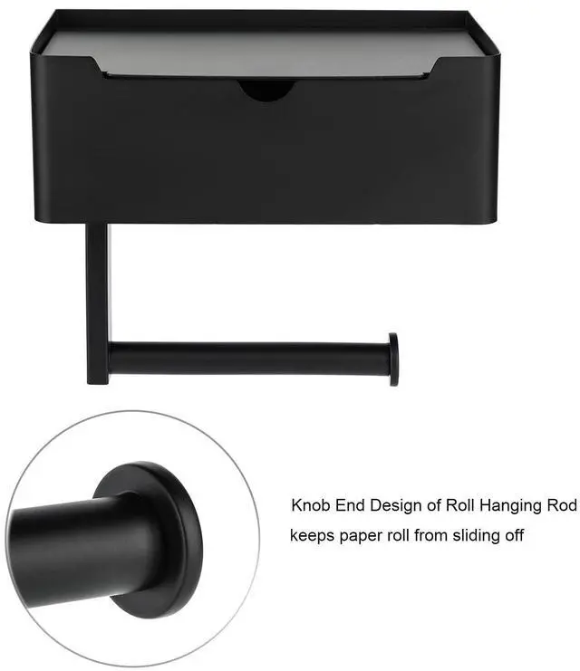 Alt view image 4 of 7 - Matte Black Toilet Paper Holder Tissue Roll Hanger with Shelf Flushable Wipes Dispenser Storage Box Large Stainless Steel Bathroom Lavatory Hardware Wall Mount Adhesive