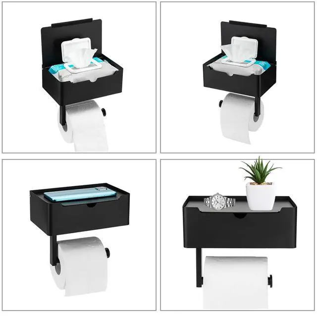 Alt view image 7 of 7 - Matte Black Toilet Paper Holder Tissue Roll Hanger with Shelf Flushable Wipes Dispenser Storage Box Large Stainless Steel Bathroom Lavatory Hardware Wall Mount Adhesive