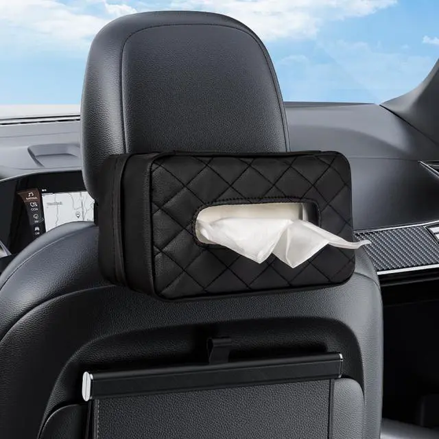 Main image of Car Tissue Holder - Standard Pu Leather Napkin Holder for Backseat, Extra Large Organization Fits 120-230 Tissues Per Box, 9.84'' X 4.72'' X 5.91'', Black
