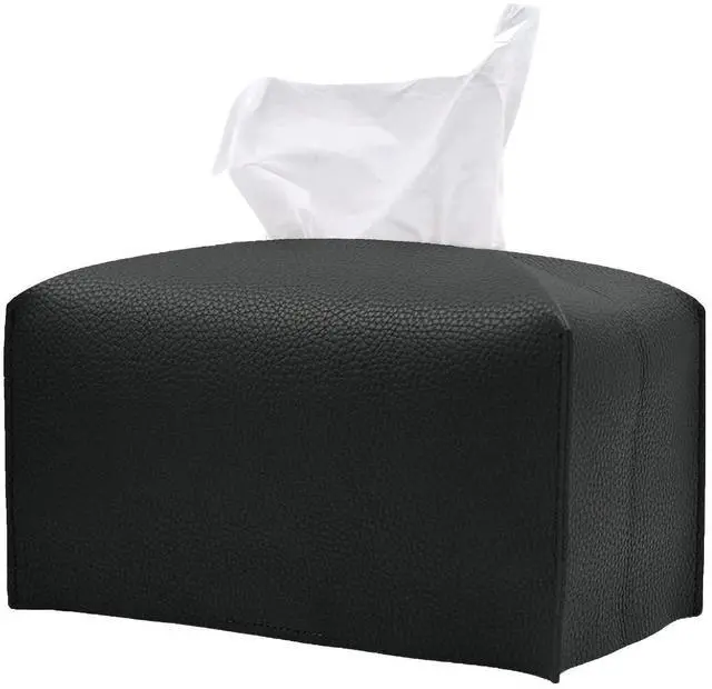 Main image of 1PC Extra Large Rectangle Tissue Box Cover, PU Leather Rectangular Tissue Box Holder with Bottom Belt Plus Size Tissue Box Organizer for Bathroom/Car/Hotel/Office (9.5x5x5, Black)