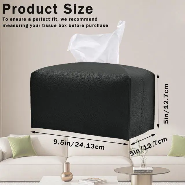 Alt view image 2 of 7 - 1PC Extra Large Rectangle Tissue Box Cover, PU Leather Rectangular Tissue Box Holder with Bottom Belt Plus Size Tissue Box Organizer for Bathroom/Car/Hotel/Office (9.5x5x5, Black)