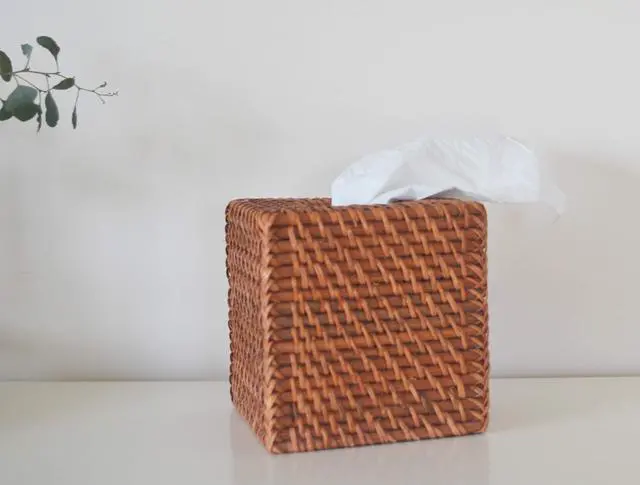 Alt view image 7 of 7 - Rattan Tissue Box Cover Natural Woven Facial Napkin Holder Square (Honey Brown, 5.5x5.5x5.9 Inch)