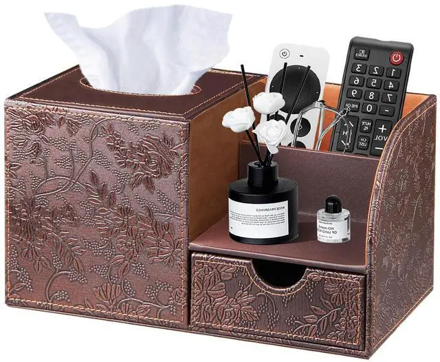 Main image of Square Tissue Box Cover with Storage Drawer, PU Leather Facial Tissues Cube Boxes Holder Modern Makeup Remote Control Holder, Nightstand Organizer Caddy for Bathroom Vanity, Office, Home Decor