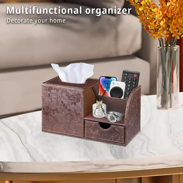 Alt view image 2 of 7 - Square Tissue Box Cover with Storage Drawer, PU Leather Facial Tissues Cube Boxes Holder Modern Makeup Remote Control Holder, Nightstand Organizer Caddy for Bathroom Vanity, Office, Home Decor