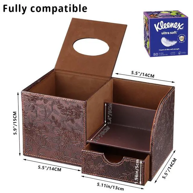 Alt view image 3 of 7 - Square Tissue Box Cover with Storage Drawer, PU Leather Facial Tissues Cube Boxes Holder Modern Makeup Remote Control Holder, Nightstand Organizer Caddy for Bathroom Vanity, Office, Home Decor