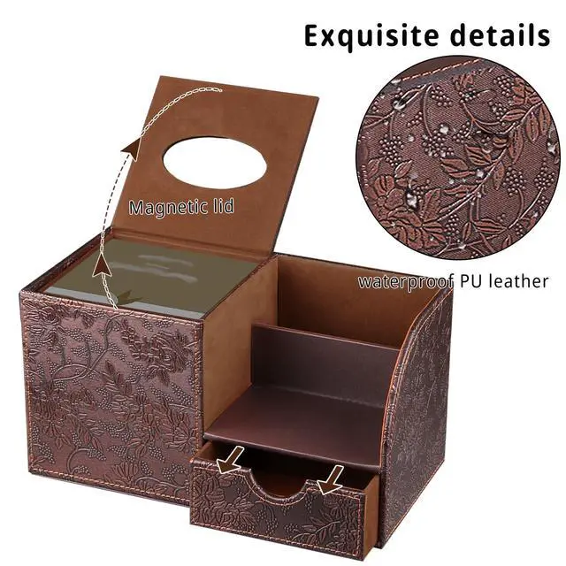 Alt view image 4 of 7 - Square Tissue Box Cover with Storage Drawer, PU Leather Facial Tissues Cube Boxes Holder Modern Makeup Remote Control Holder, Nightstand Organizer Caddy for Bathroom Vanity, Office, Home Decor