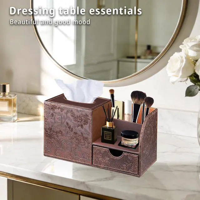 Alt view image 6 of 7 - Square Tissue Box Cover with Storage Drawer, PU Leather Facial Tissues Cube Boxes Holder Modern Makeup Remote Control Holder, Nightstand Organizer Caddy for Bathroom Vanity, Office, Home Decor