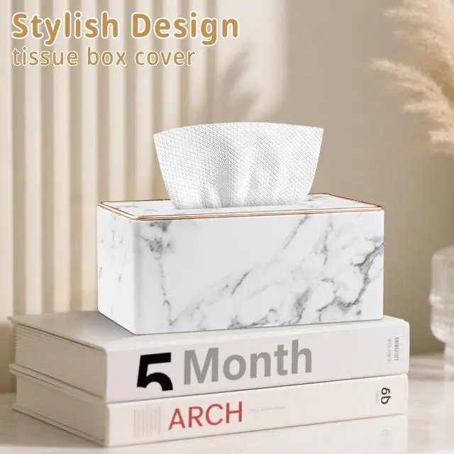 Alt view image 2 of 7 - Leather Tissue Box Cover Rectangle,Stylish Tissues Box Holder Modern Rectangular Facial Paper Towels Organizer/Dispenser Decor Tissue Cover for Bathroom NightStand Coffee Table Home Office Desk,Marble