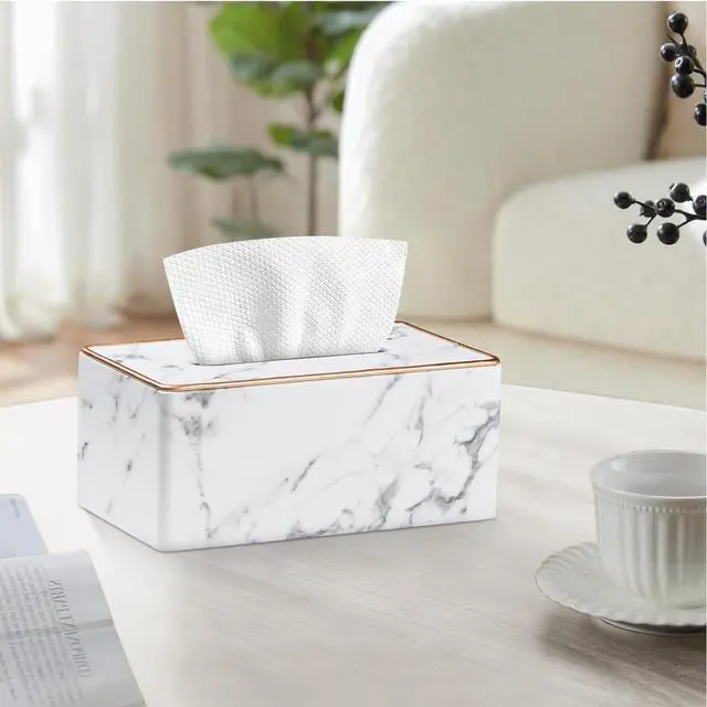 Alt view image 7 of 7 - Leather Tissue Box Cover Rectangle,Stylish Tissues Box Holder Modern Rectangular Facial Paper Towels Organizer/Dispenser Decor Tissue Cover for Bathroom NightStand Coffee Table Home Office Desk,Marble
