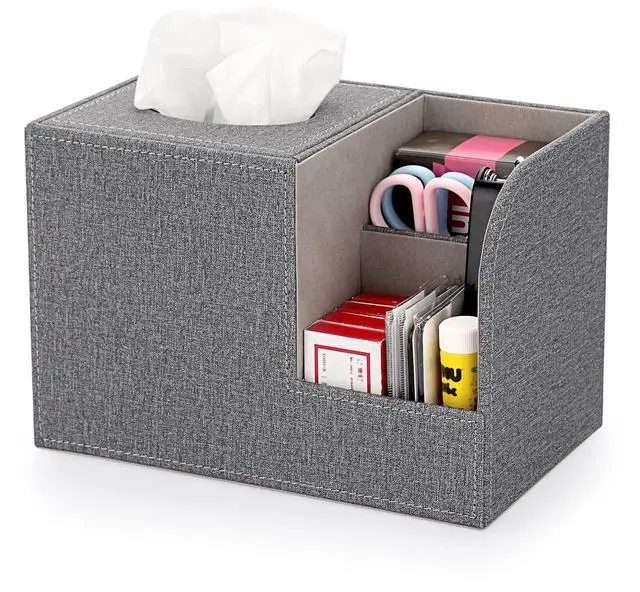 Main image of Square Linen Tissue Box Cover - Decorative Cube Tissue Box Holder with Side Organizer, Modern Tissue Box for Living Room Vanity Night Stand Table Countertop Office, Grey