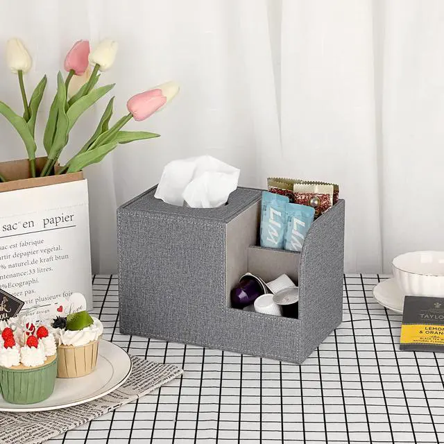 Alt view image 2 of 7 - Square Linen Tissue Box Cover - Decorative Cube Tissue Box Holder with Side Organizer, Modern Tissue Box for Living Room Vanity Night Stand Table Countertop Office, Grey