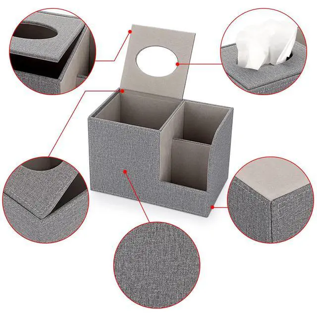 Alt view image 4 of 7 - Square Linen Tissue Box Cover - Decorative Cube Tissue Box Holder with Side Organizer, Modern Tissue Box for Living Room Vanity Night Stand Table Countertop Office, Grey
